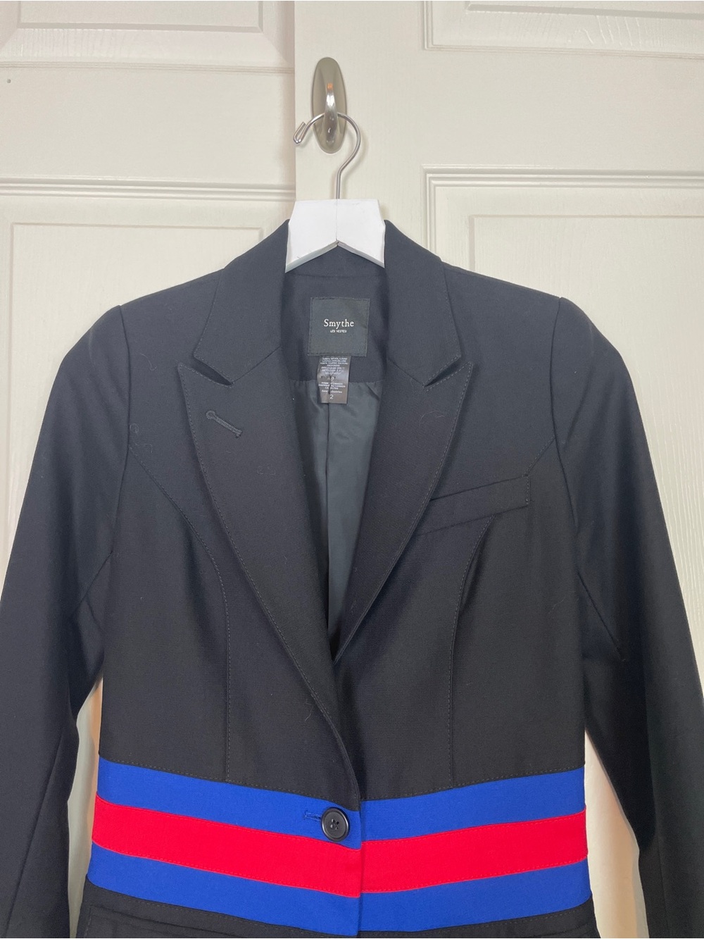 SMYTHE Black Wool Tailored Blazer Red Royal Blue Waist Stripe Sz 2 - Picture 3 of 9